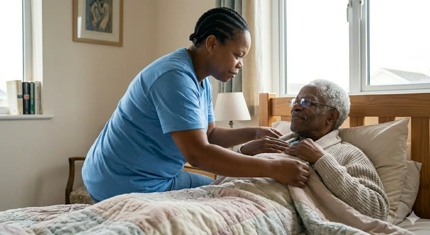 Carer helping elderly person at home